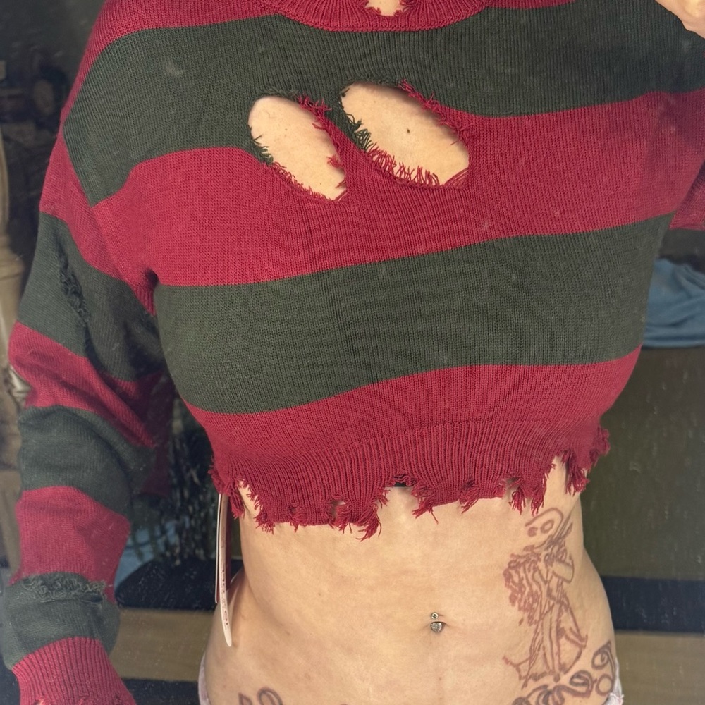 Freddy Kruger Striped Red and Green cropped Sweater